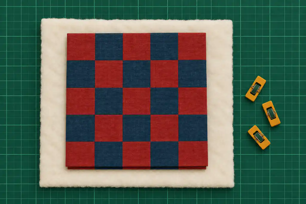 Illustration: a red and indigo checked quilt top lying on a larger sheet of off-white batting, with a margin of batting showing all around, on a green cutting mat.