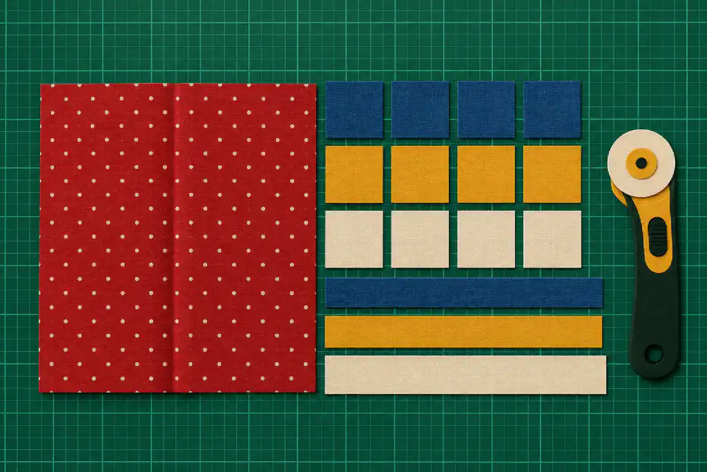 Illustration: a folded red fat quarter on a green cutting mat beside rows of cut indigo, mustard and muslin squares and strips, with a rotary cutter.
