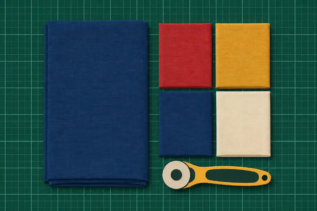 Illustration: a folded yard of indigo fabric beside four fat quarters in red, mustard, indigo and muslin and a rotary cutter on a green cutting mat.