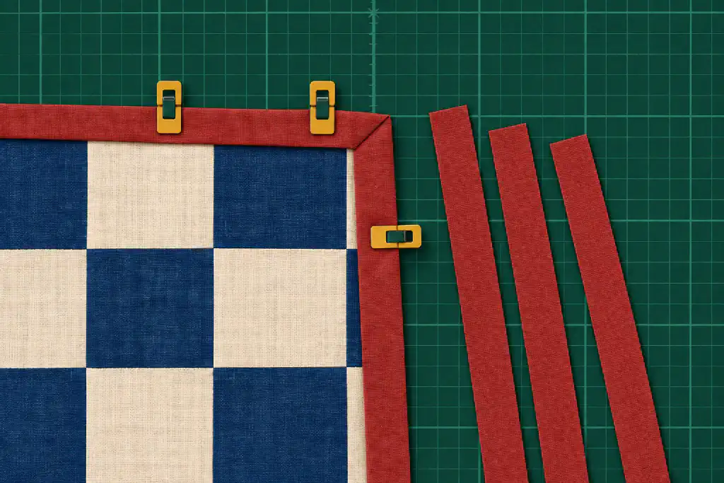 Illustration: the corner of an indigo and muslin quilt with red binding held by yellow clips, beside three spare red binding strips on a green cutting mat.