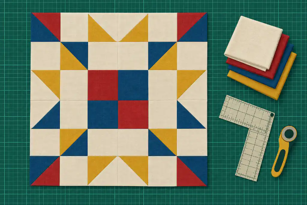 Illustration: a quilt top of red, indigo, mustard and muslin half-square triangles on a green cutting mat, beside stacked folded fabric, a ruler and a rotary cutter.