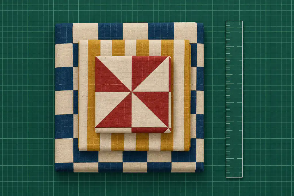 Illustration: three folded quilts stacked from large to small, in indigo checks, mustard stripes and red pinwheel triangles, beside a ruler on a green cutting mat.